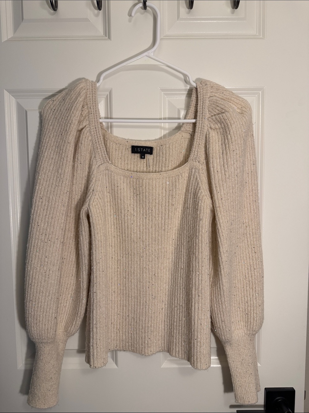 STATE Sparkle Cream Ribbed Puff-Sleeve Sweater